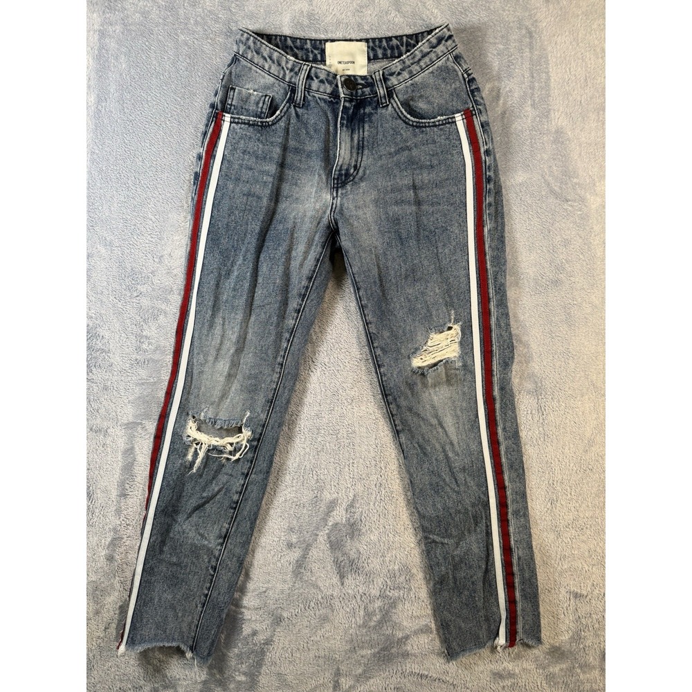 One Teaspoon Womens Side Stripe Distressed Jeans Blue Size 25 Awesome Baggies